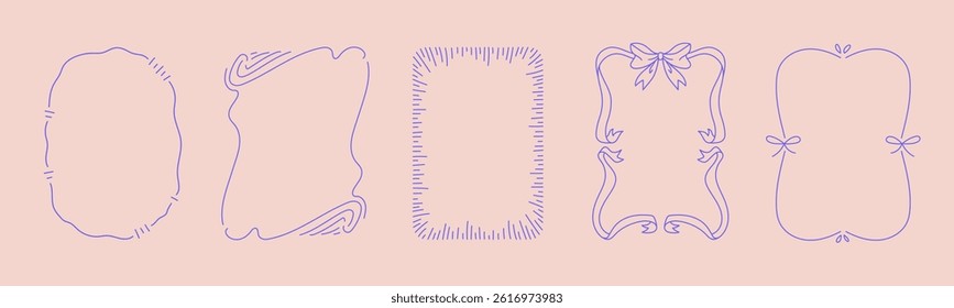 Collection of doodle hand drawn trendy frames with wavy lines, bows and ribbons. Minimalist line art for birthday, christmas, wedding Invitations.