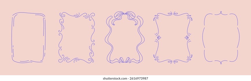 Collection of doodle hand drawn trendy frames with wavy lines, bows and ribbons. Minimalist line art for birthday, christmas, wedding Invitations.