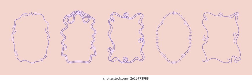 Collection of doodle hand drawn trendy frames with wavy lines, bows and ribbons. Minimalist line art for birthday, christmas, wedding Invitations.