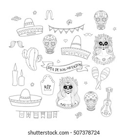 Collection of doodle hand drawn vector elements for Dia de los Muertos (the Day of the Dead)