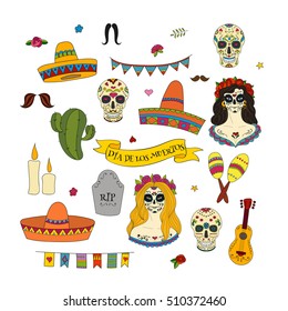 Collection of doodle hand drawn vector elements for Dia de los Muertos (the Day of the Dead)
