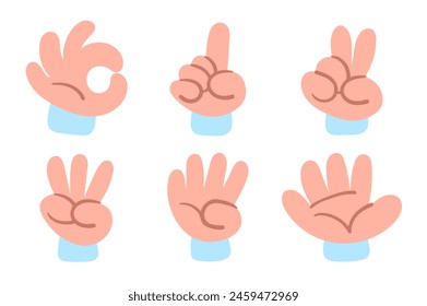 Collection of doodle hands showing numbers from zero to five. Vector illustration in flat cartoon style