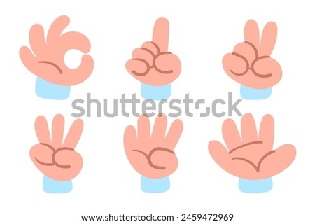 Collection of doodle hands showing numbers from zero to five. Vector illustration in flat cartoon style