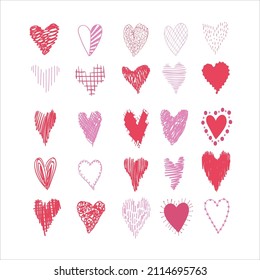 Collection of doodle hearts. Set for Valentine's day or wedding design. Vector Illustration.