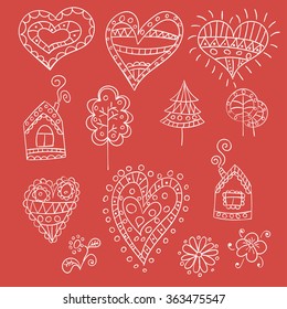 Collection of doodle hearts, trees, houses for design. Vector illustration