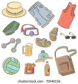 Collection of the doodle icons set on summer man's vacation theme