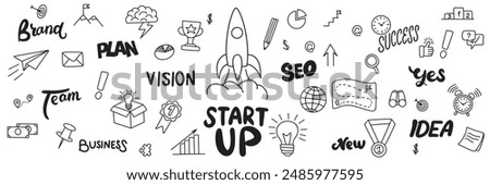 Collection of doodle icons Start Up. Start Up outline icons set. Hand drawn vector art.