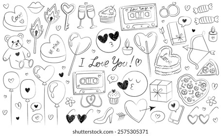 Collection of doodle icons for Valentine's day, theme of love and romance. Hand drawn outline illustrations. Heart, music cassette, toy bear, lollipop, match, pizza, gift box, balloons.