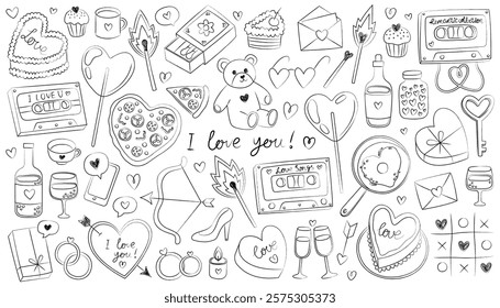 Collection of doodle icons for Valentine's day, theme of love and romance. Hand drawn outline illustrations. Heart, music cassette, toy bear, lollipop, match, pizza, gift box.