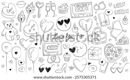 Collection of doodle icons for Valentine's day, theme of love and romance. Hand drawn outline illustrations. Heart, music cassette, toy bear, lollipop, match, pizza, gift box, balloons.