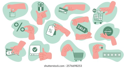 A collection of doodle illustrations of hands with various objects and attributes of trade and marketing. Hands with a credit card, bills, discounts, shopping cart, shopping bags