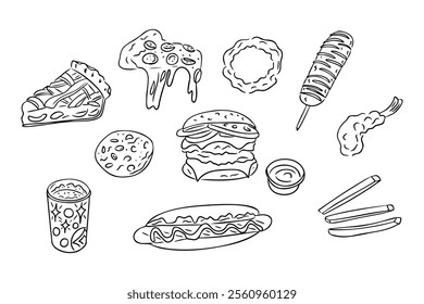 Collection of doodle illustrations of various American fast foods including pizza, burger, hot dog, fries, soda, and more. Vector hand drawn drawing isolated on white background for coloring pages