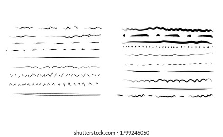 Collection of doodle lines, hand drawn template. Black marker and grunge brush stroke lines.  Set of art brushes for pen. Hand drawn grunge brush strokes. 