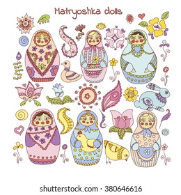 Collection of doodle matryoshka dolls and decorative elements for design