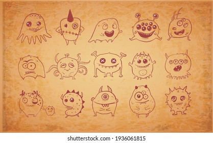 Collection of Doodle monsters on vintage background