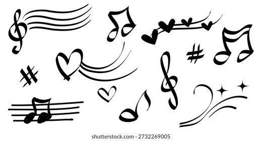 Sammlung von Doodle Musik Noten, Pfeil, funkeln, Stern. Handgezeichnetes Melodiesymbol. einzeln auf weißem Hintergrund