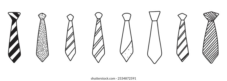 Colección de corbata doodle aislado en el fondo. Arte vectorial dibujado a mano.