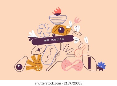 Collection of doodle objects. Abstract linear shape of flowers and sheets. Modern minimalistic plant and bud elements, flower shapes. Vector illustration
