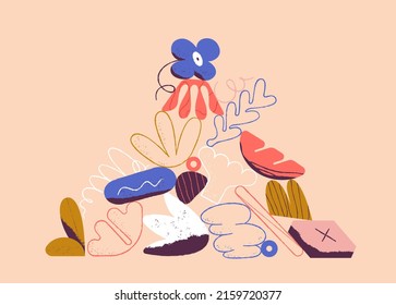 Collection of doodle objects. Abstract linear shape of flowers and sheets. Modern minimalistic plant and bud elements, flower shapes. Vector illustration