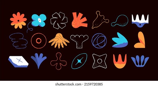 Collection of doodle objects. Abstract linear shape of flowers and sheets. Modern minimalistic plant and bud elements, flower shapes. Vector illustration