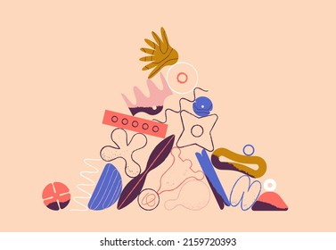 Collection of doodle objects. Abstract linear shape of flowers and sheets. Modern minimalistic plant and bud elements, flower shapes. Vector illustration
