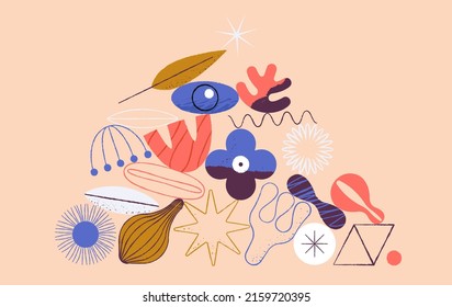 Collection of doodle objects. Abstract linear shape of flowers and sheets. Modern minimalistic plant and bud elements, flower shapes. Vector illustration