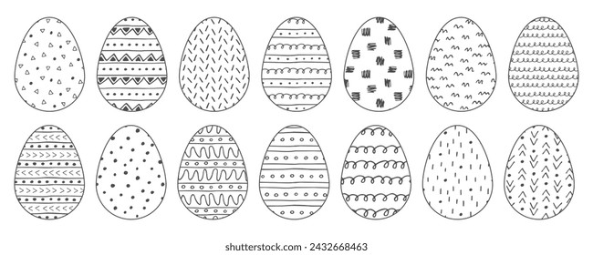 Collection of doodle outline Easter Eggs. Hand drawn egg set. Black and white minimalist illustration. Scribble drawing easter element. For banner, poster, card, pattern design