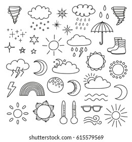 Collection Of Doodle Outline Weather Icons Including Sun, Clouds, Rain Drops, Snowflakes, Stars, Moon, Rainbow, Thunder, Thermometer Isolated On White Background.