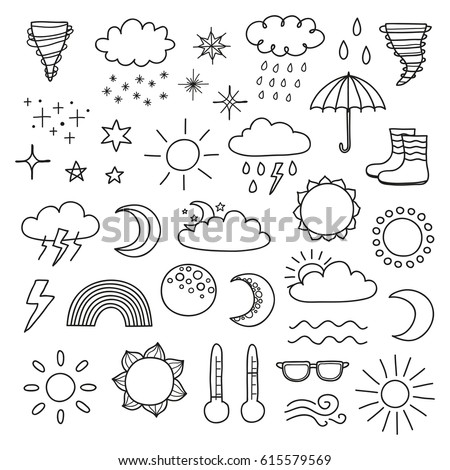 Collection of doodle outline weather icons including sun, clouds, rain drops, snowflakes, stars, moon, rainbow, thunder, thermometer isolated on white background.