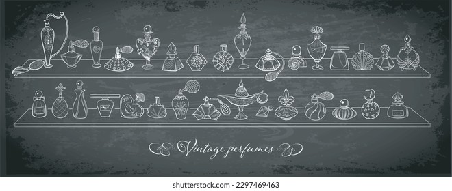 Collection of doodle perfume bottles on blackboard background. Vector sketch illistration.