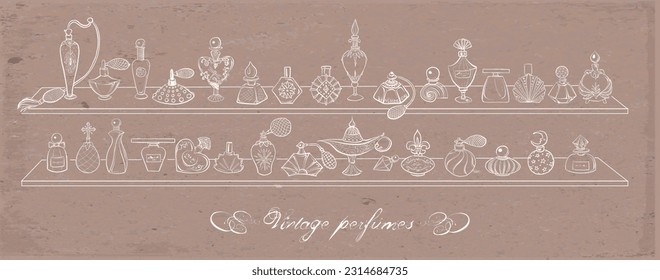 Colección de botellas de perfume de doodle sobre fondo de papel de parcela marrón. Ilustración de boceto vectorial