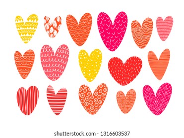 Collection of doodle pink hearts. Vector hand drawn dating and romance clip art elements. Stylized heart shapes. Valentine day color illustration.