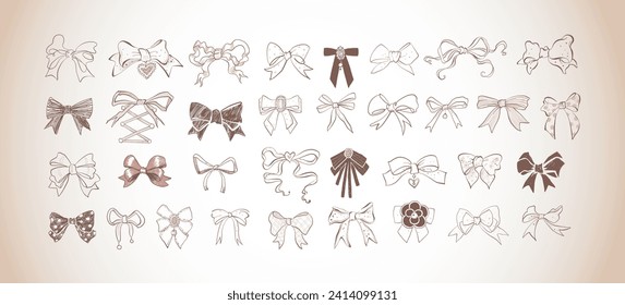 Colección de lazos de lazo doodle con varios patrones en estilo vintage. Ilustración del doodle al estilo de una chica.