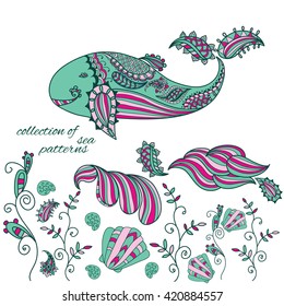 Collection of doodle sea and marine patterns.