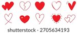 Collection doodle set of hand drawn scribble heart. Set of red hearts in different pose. Hand drawn freehand different love hearts. Heart sketch for Valentines Day and romantic. 
