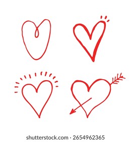 Sammlung Doodle Set von handgezeichneten Kritzelherzen einzeln auf rotem Hintergrund