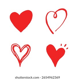 Sammlung Doodle Set von handgezeichneten Kritzelherzen einzeln auf rotem Hintergrund