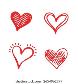 collection doodle set of hand drawn scribble hearts isolated red on white background