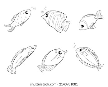 Collection of doodle silhouette underwater fish icon cartoon abstract background art graphic design pattern vector illustration
