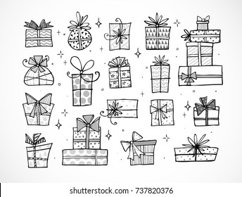 Collection Of Doodle Sketch Christmas Gift Boxes On White Background