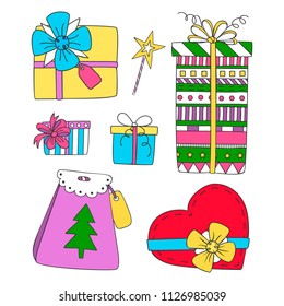 Collection of doodle sketch festive gift boxes. Christmas gift boxes.