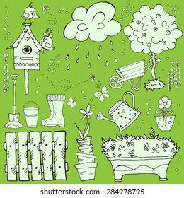 Collection of doodle sketch garden elements. Plants, starling box, boots, wheelbarrow, watering can, fence, cloud with rain, shovel isolated on green background.