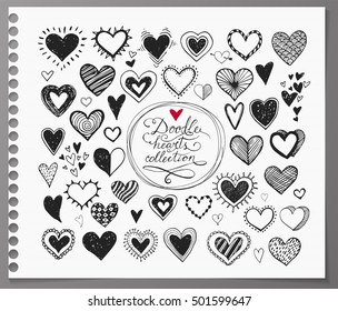 Collection of doodle sketch hearts hand drawn with ink and isolated on realistic lined paper. Vector illustration.