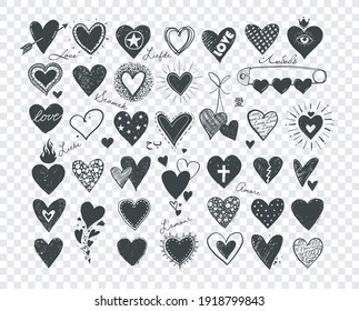 Collection of doodle sketch hearts. "Love" inscription in different languages