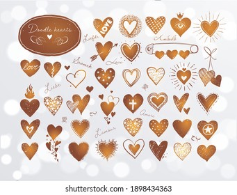 Collection of doodle sketch hearts on white glowing background.  "Love" inscription in different languages