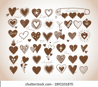 Collection of doodle sketch hearts in vintage style. "Love" inscription in different languages