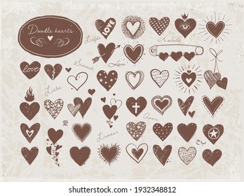 Collection of doodle sketch hearts in vintage style. "Love" inscription in different languages