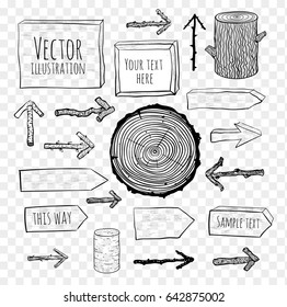 Collection of doodle sketch rustic elements - arrows, tree cut, backgrounds. 