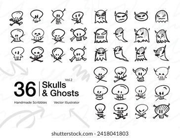 collection of doodle sketches of ghosts and skulls	