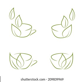 Collection of doodle sketches of green tea cup isolated on white background
